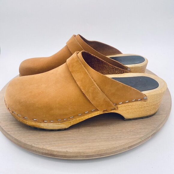 Swedish Wood Clogs Womens 8.5 39 Tan Brown Leather Slides Studded - Picture 5 of 12